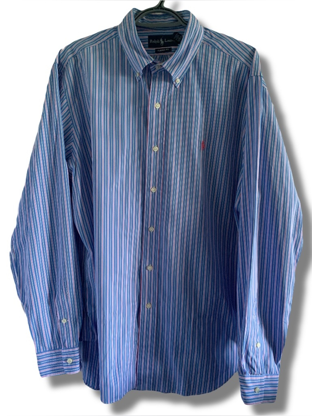 VTG Polo Ralph Lauren Striped Blue/Pink Long Sleeve Button Down Shirt Size Large